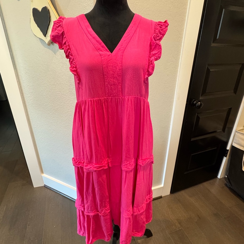 Entro Vibrant Pink Midi Dress with Ruffle Sleeves